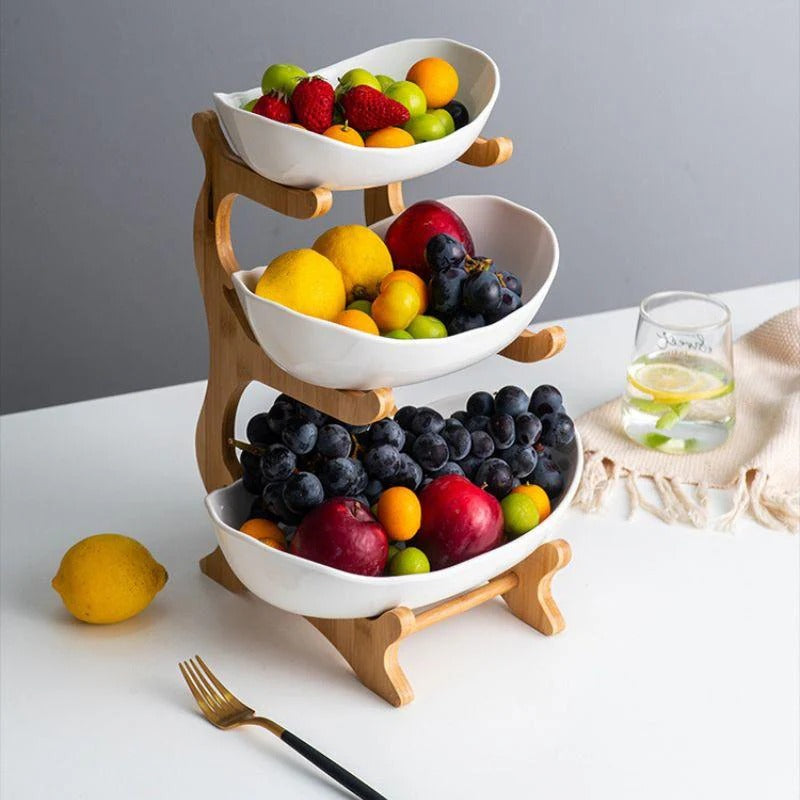 Frutero de Mesa en Bambú de 3 Niveles con Bandejas Removibles Tienda Serrano