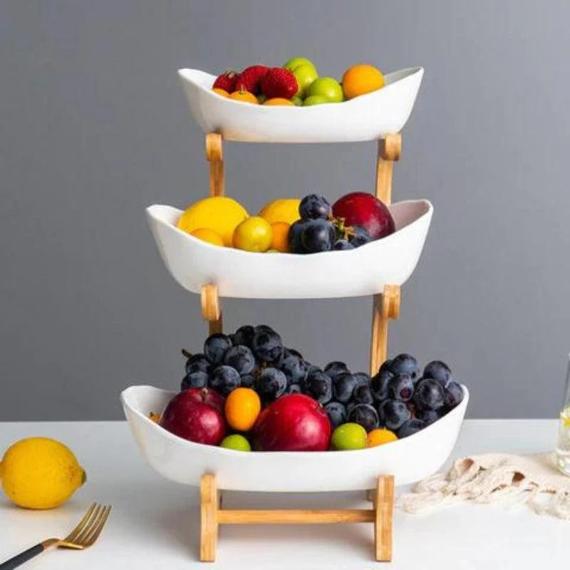 Frutero de Mesa en Bambú de 3 Niveles con Bandejas Removibles Tienda Serrano