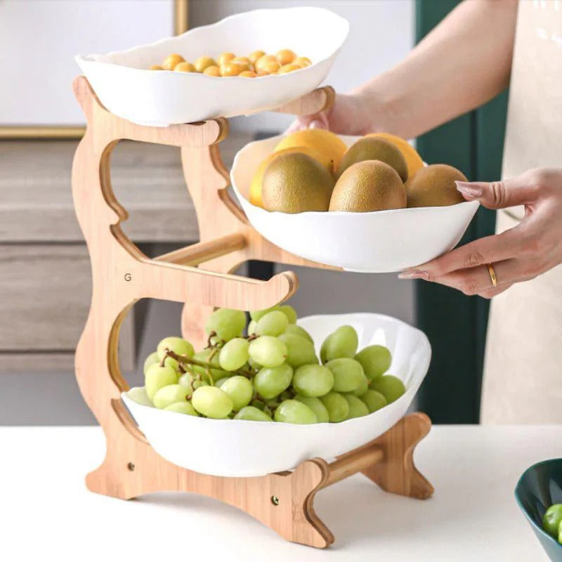 Frutero de Mesa en Bambú de 3 Niveles con Bandejas Removibles Tienda Serrano