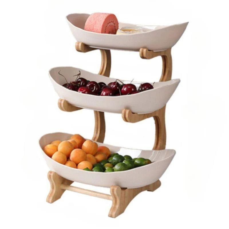 Frutero de Mesa en Bambú de 3 Niveles con Bandejas Removibles Tienda Serrano