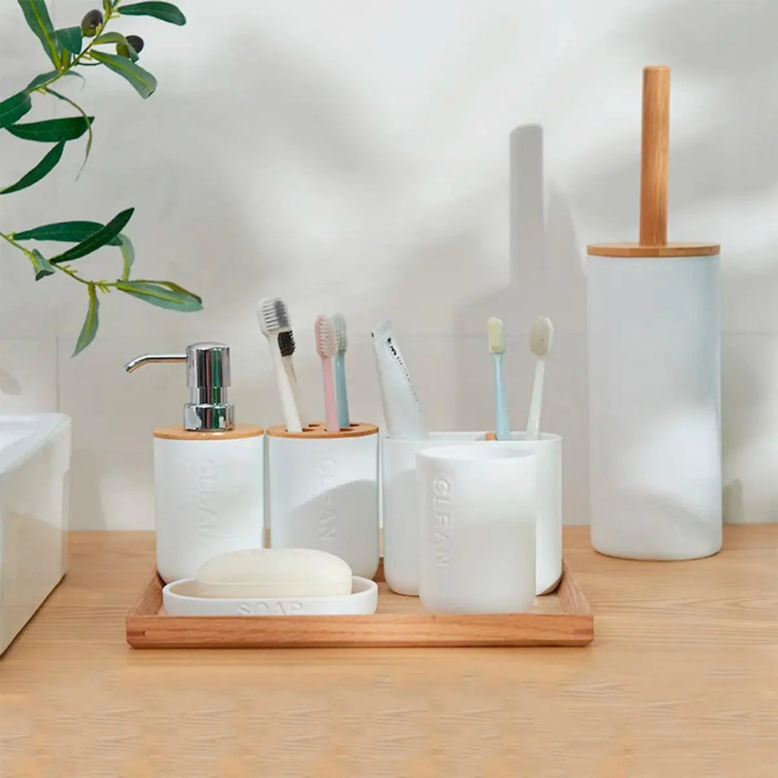 Set de Baño Completo de Bambú Premium 6 Piezas – Organizador y Accesorios Elegantes Tienda serrano