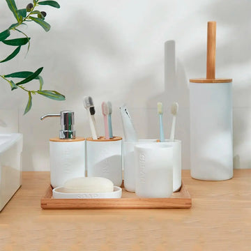 Set de Baño Completo de Bambú Premium 6 Piezas – Organizador y Accesorios Elegantes Tienda serrano