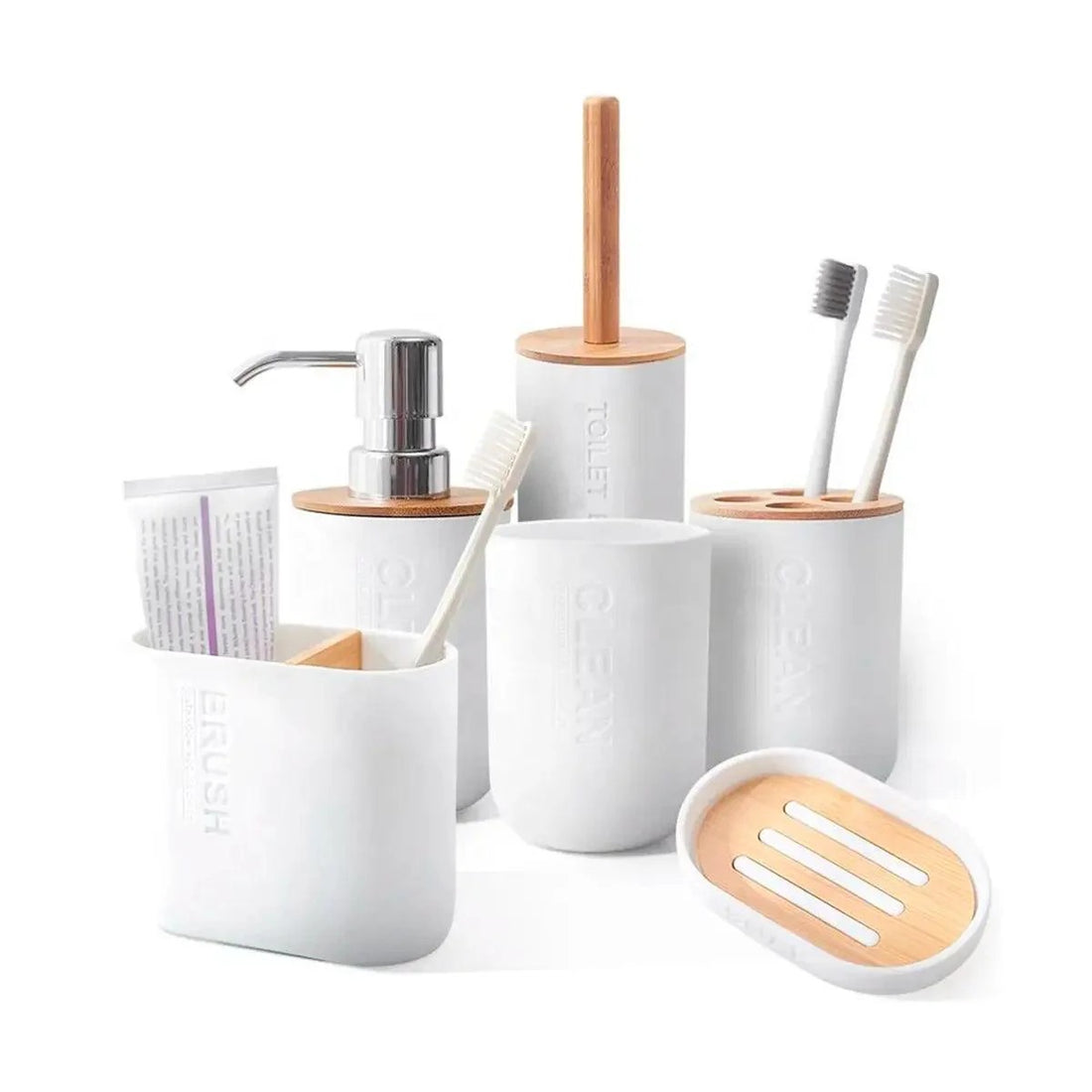 Set de Baño Completo de Bambú Premium 6 Piezas – Organizador y Accesorios Elegantes Tienda serrano