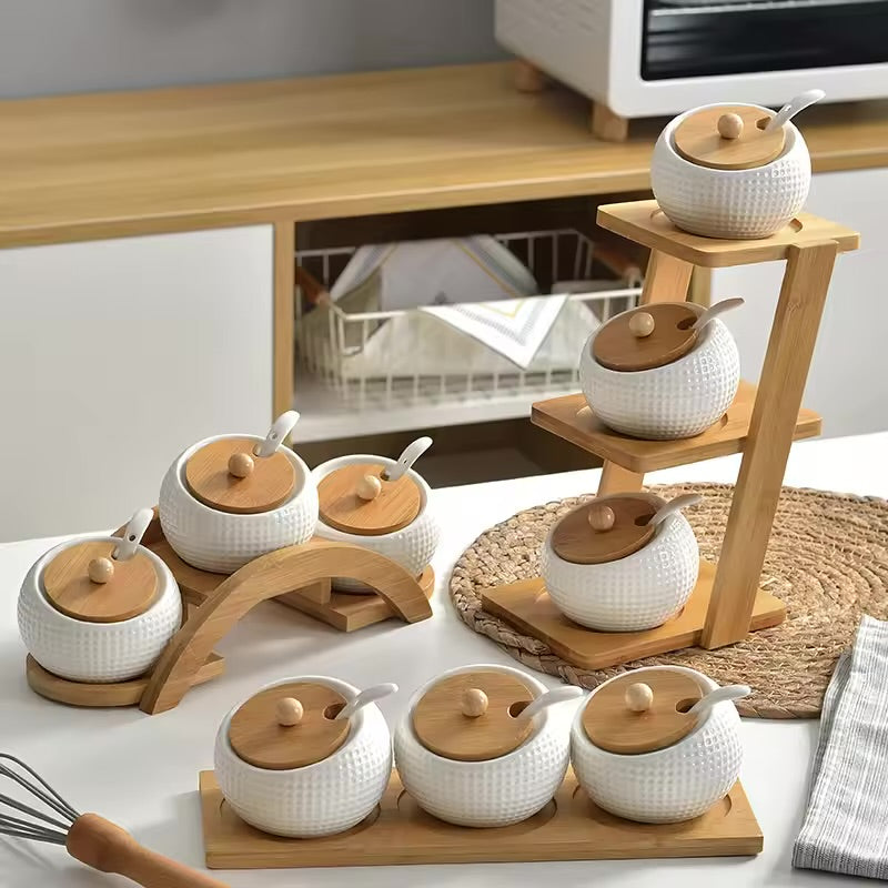 Set de Especieros de Cerámica Blanca con Base de Bambú 3 Piezas Tienda serrano