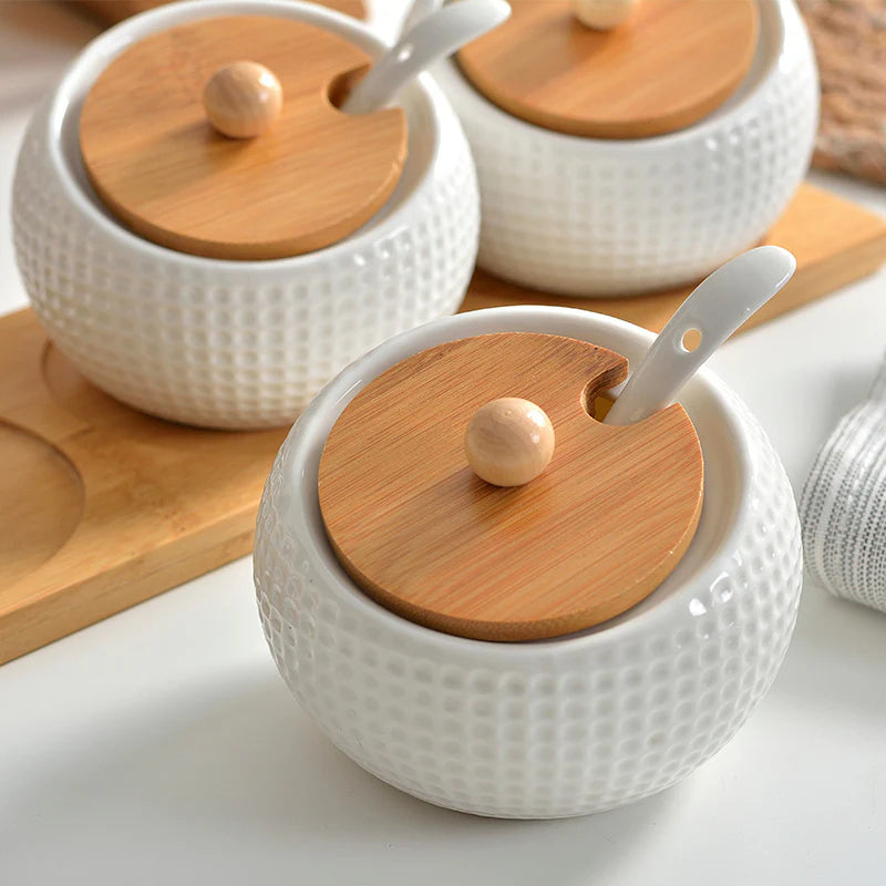 Set de Especieros de Cerámica Blanca con Base de Bambú 3 Piezas Tienda serrano
