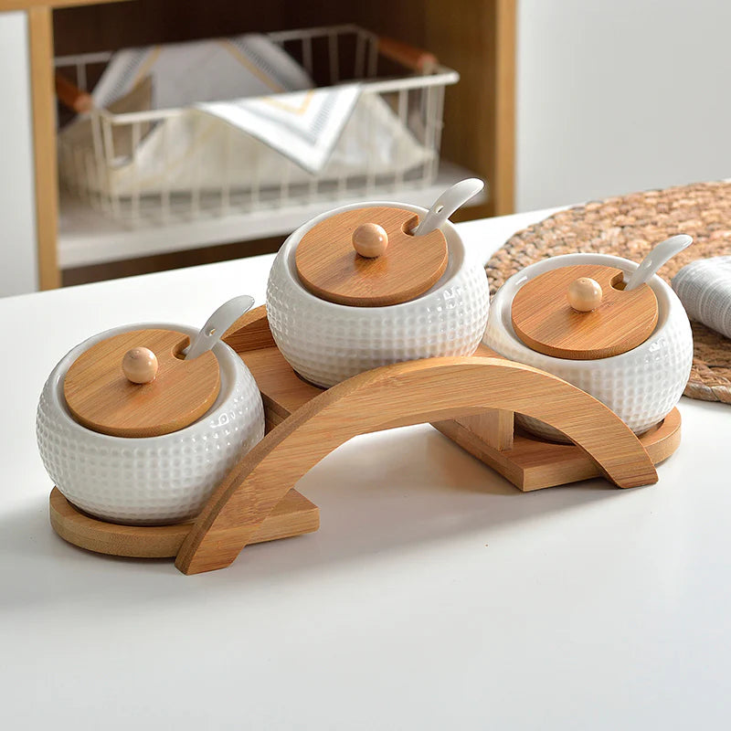 Set de Especieros de Cerámica Blanca con Base de Bambú 3 Piezas Tienda serrano