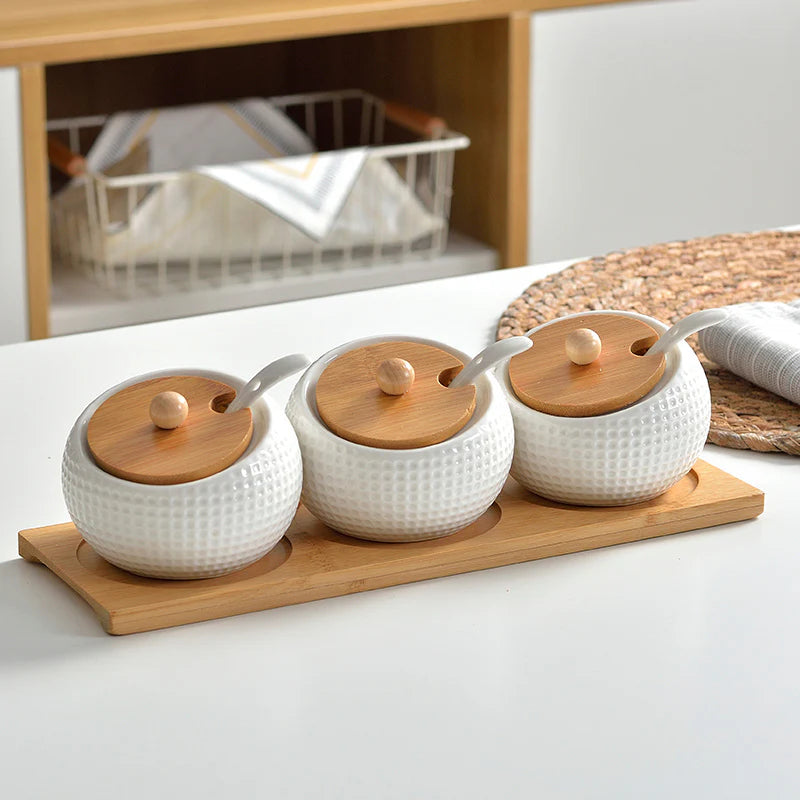 Set de Especieros de Cerámica Blanca con Base de Bambú 3 Piezas Tienda serrano
