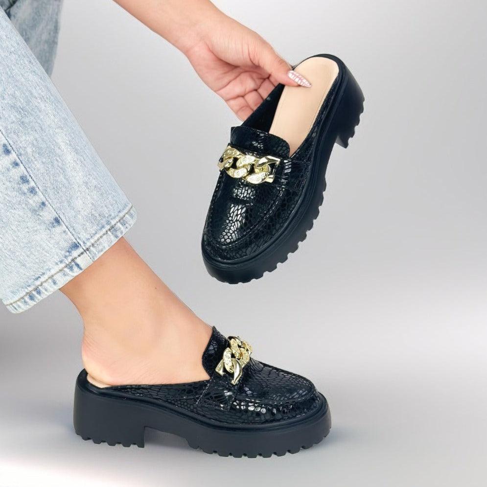 Mocasín Mule para Mujer Chunky Negro – Folia Espejo Brillante, Ultra Liviano y Súper Cómodo - Tienda Serrano